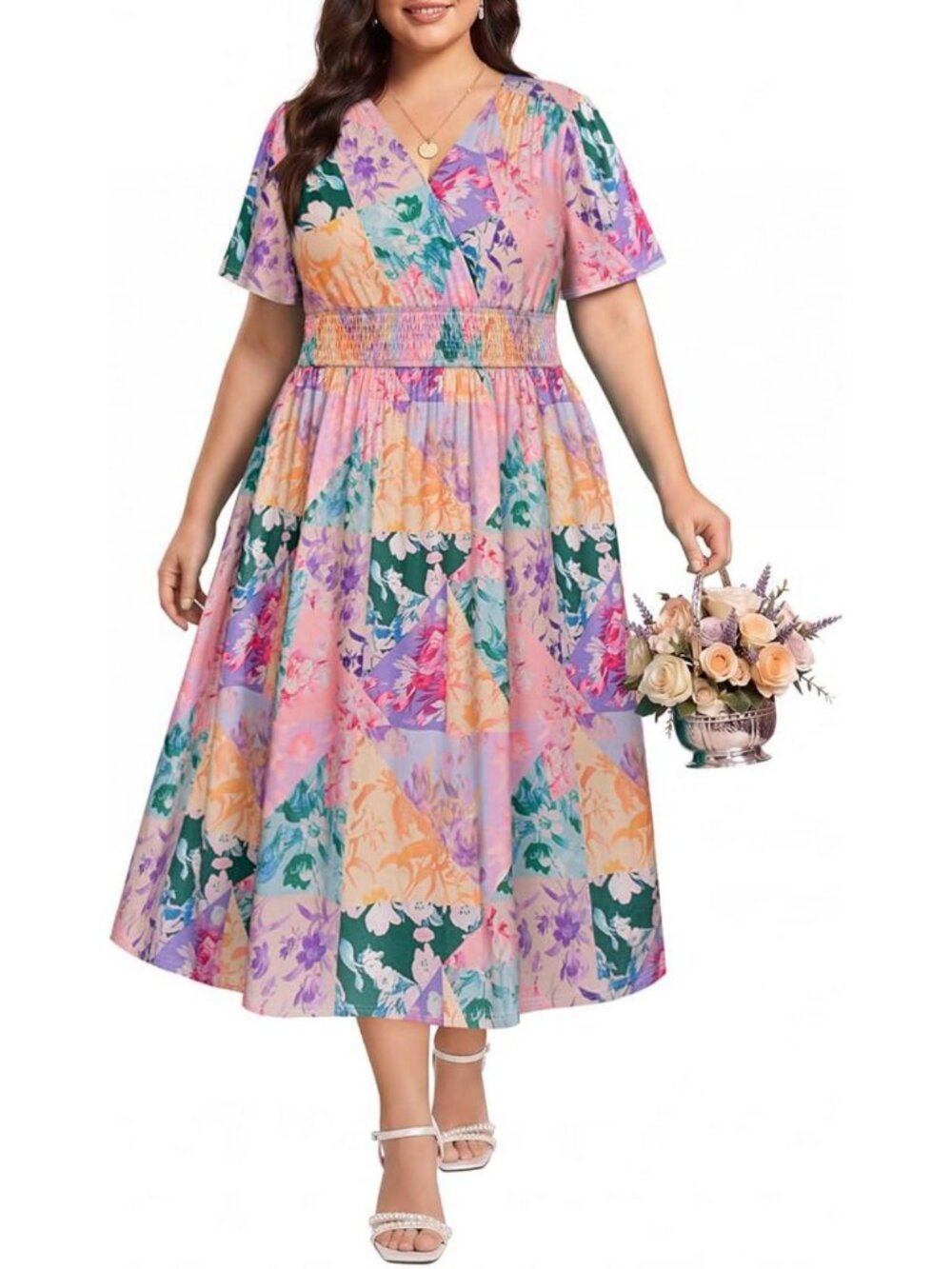Plus Size Floral Maxi Dress for Curvy Women | V Neck Short Sleeve Boho Beach